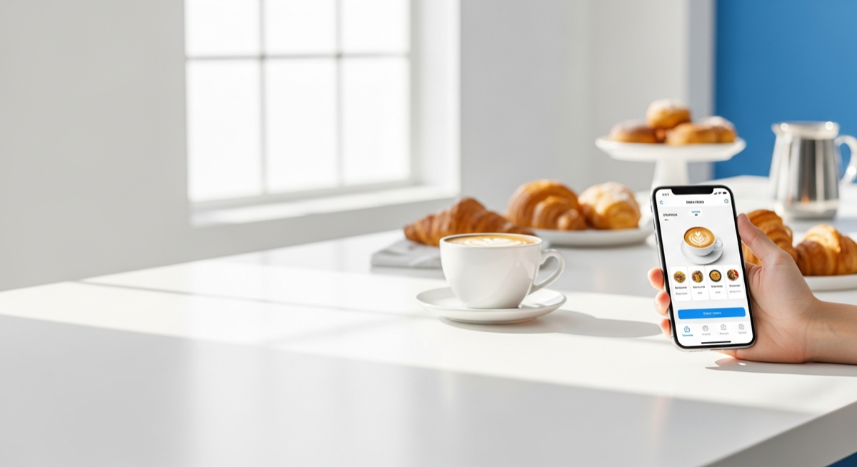 A barista's counter with a phone showing the Order It Hub ordering app